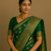 Emerald Grace Pure Silk Saree with Golden Zari Motifs & Broad Border
