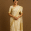 Ivory Gold Pure Kanjivaram Silk Saree with Subtle Zari Buttas & Elegant Borde