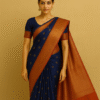 Navy Blue Silk Blend Kanjivaram Saree with Copper Zari Border