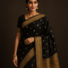 Pure Kanjivaram Silk Saree – Midnight Black with Golden Zari Buttas & Rich Pallu