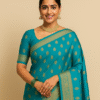 Pure Kanjivaram Silk Saree – Peacock Teal with Golden Buttas & Zari Border 
