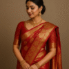 Royal Crimson Pure Silk Saree with Golden Floral Zari & Broad Temple Border
