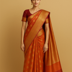Vermilion Orange Kanjivaram Silk Blend Saree with Golden Zari Work