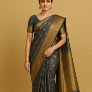 Charcoal Grey Silk Blend Kanjivaram Saree with Gold Zari Border