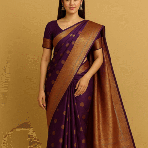 Plum Purple Silk Blend Kanjivaram Saree with Golden Zari Butis & Broad Border