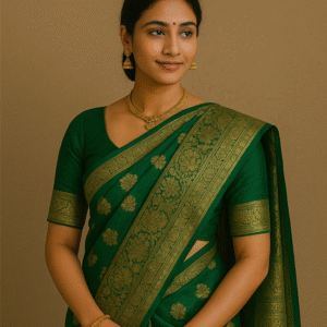 Emerald Grace Pure Silk Saree with Golden Zari Motifs & Broad Border