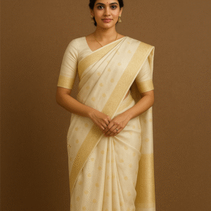 Ivory Gold Pure Kanjivaram Silk Saree with Subtle Zari Buttas & Elegant Borde