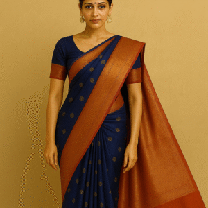 Navy Blue Silk Blend Kanjivaram Saree with Copper Zari Border