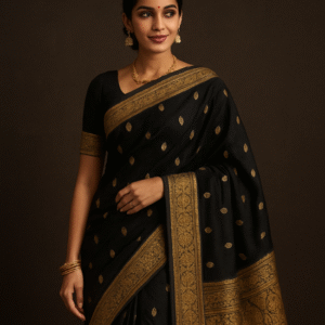 Pure Kanjivaram Silk Saree – Midnight Black with Golden Zari Buttas & Rich Pallu