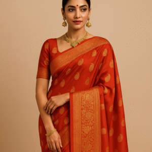 Pure Kanjivaram Silk Saree – Vermilion Orange with Golden Zari Buttas & Rich Border