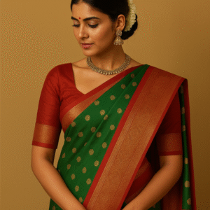 Emerald Green Pure Silk Saree with Red Contrast Border & Golden Zari