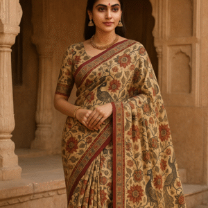 Rustic Peacock Kalamkari Saree