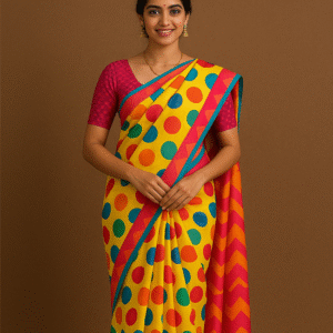 Vibrant Polka Carnival Saree with Multicolor Dots & Chevron Pallu