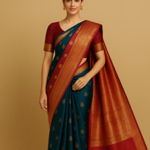 Teal Green & Maroon Silk Blend Kanjivaram Saree with Golden Drop Butis